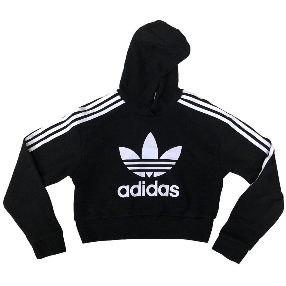 Adidas Girls Crop Hoodie Sweatshirt Three Stripe Sleeve Size Medium